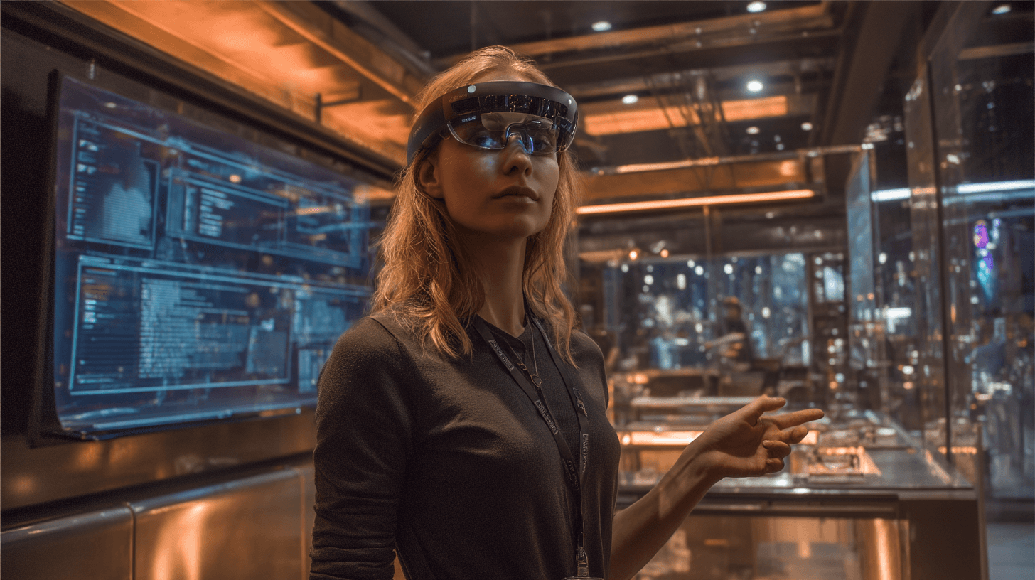 Person using VR with glowing neural visuals